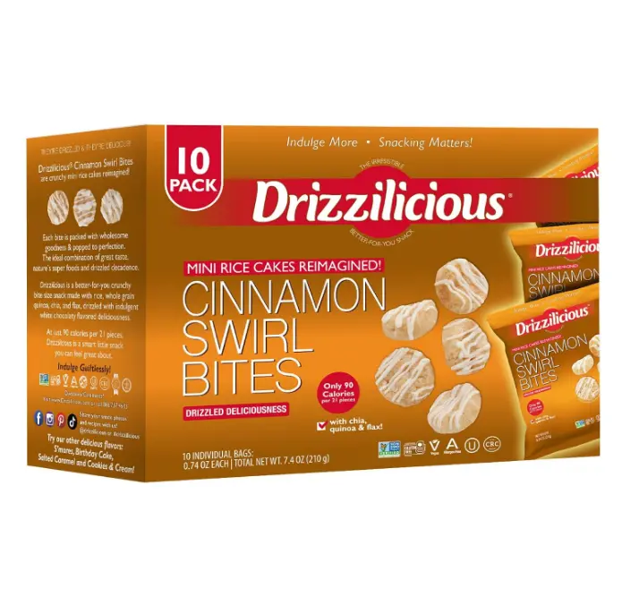 Drizzilicious Mini Flavored Rice Cakes Cinnamon Swirl - Rice Crisps, Healthy Snack for Adults and Kids, Vegan, Gluten Free Snack, Allergen Free, Only 90 Calories Per Bag - 0.74 oz (Pack of 10)