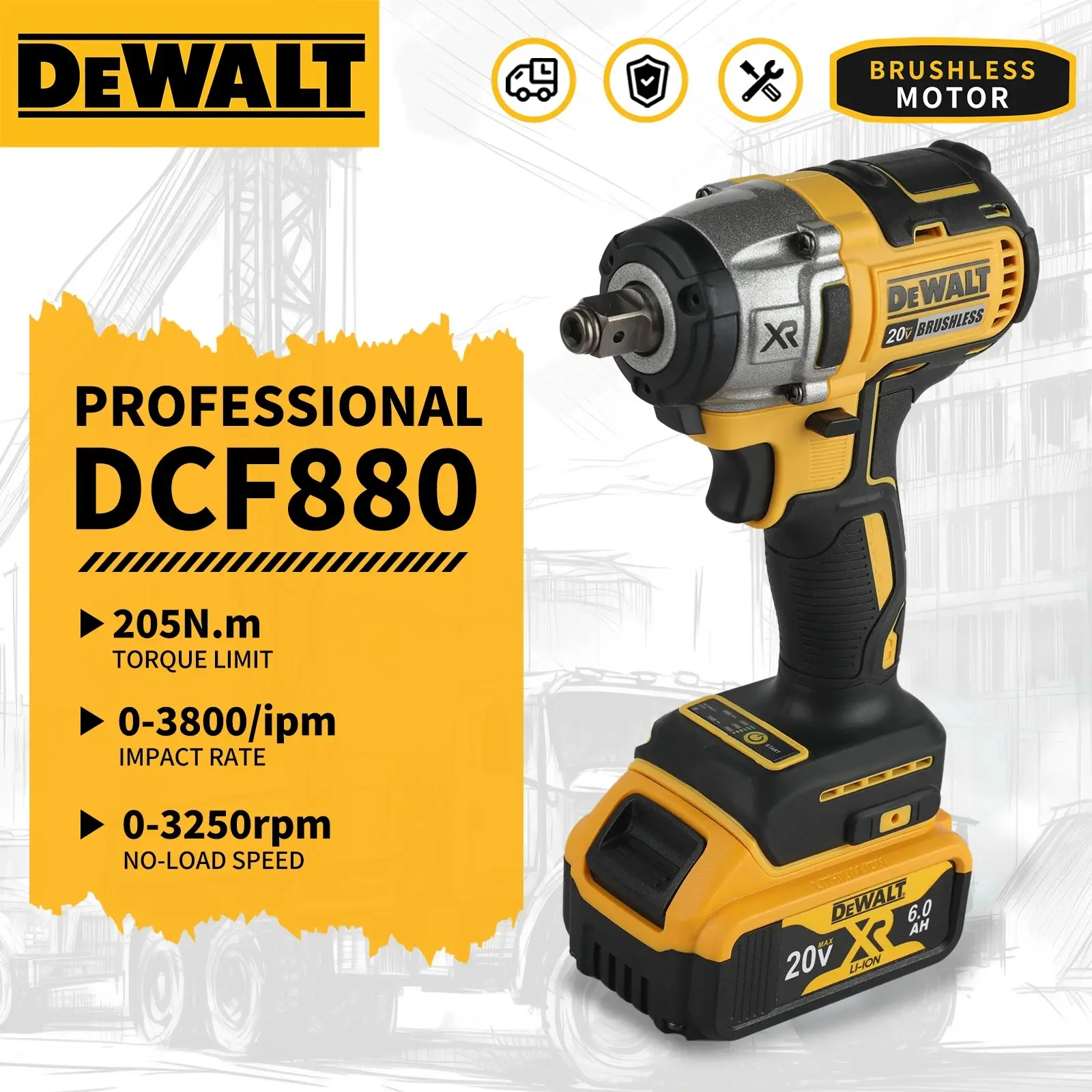 DEWALT DCF880 1/2" Hex Compact Cordless Drill/Driver - Tool Only/Bare Machine Only or Kit, Soft Rubber Handle, for Tight Area Fastening, Professional Construction Concrete Anchor Tasks, DIY Projects (Batteries Packed Separately)