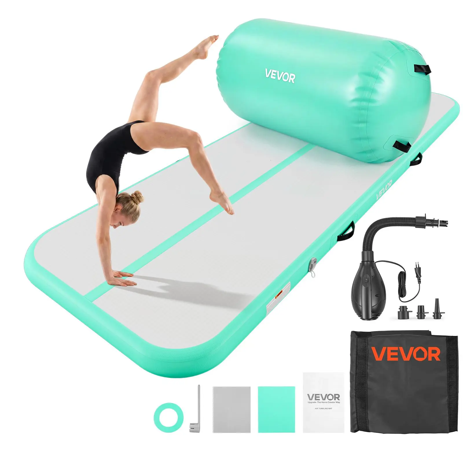 【SummerFinds】VEVOR Inflatable Gymnastics Air Mat with Air Barrel 10 ft Training Mats, 4 inches Thick Sturdy Tumble Track with Electric Pump, Tumbling Mat for Home Use/Gym/Outdoor/Yoga/Cheerleading, Mint Green