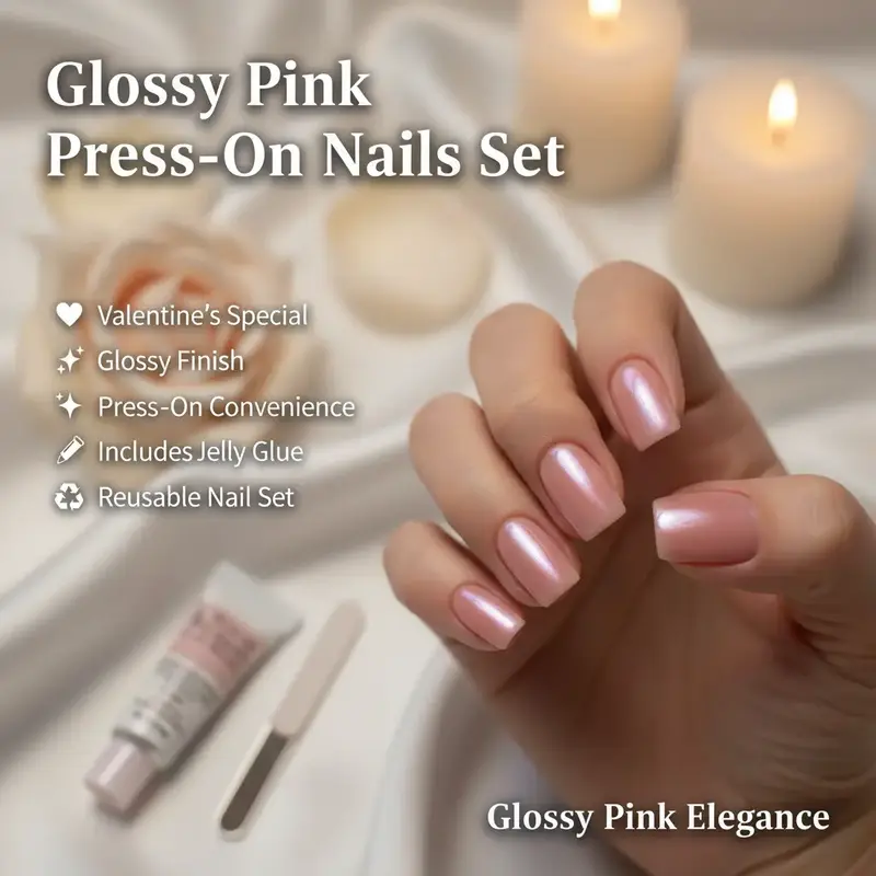 Valentine’s Limited Glossy Pink Press-On Nails 24pcs/Box Free Jelly Glue & File 2026 Viral Reusable Manicure Super Romantic Eye-Catching