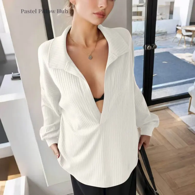 Lady's Oversized Deep V-Neck Knitwear Top - Casual Long-Sleeve Ribbed Knit Pullover with Hip Slit