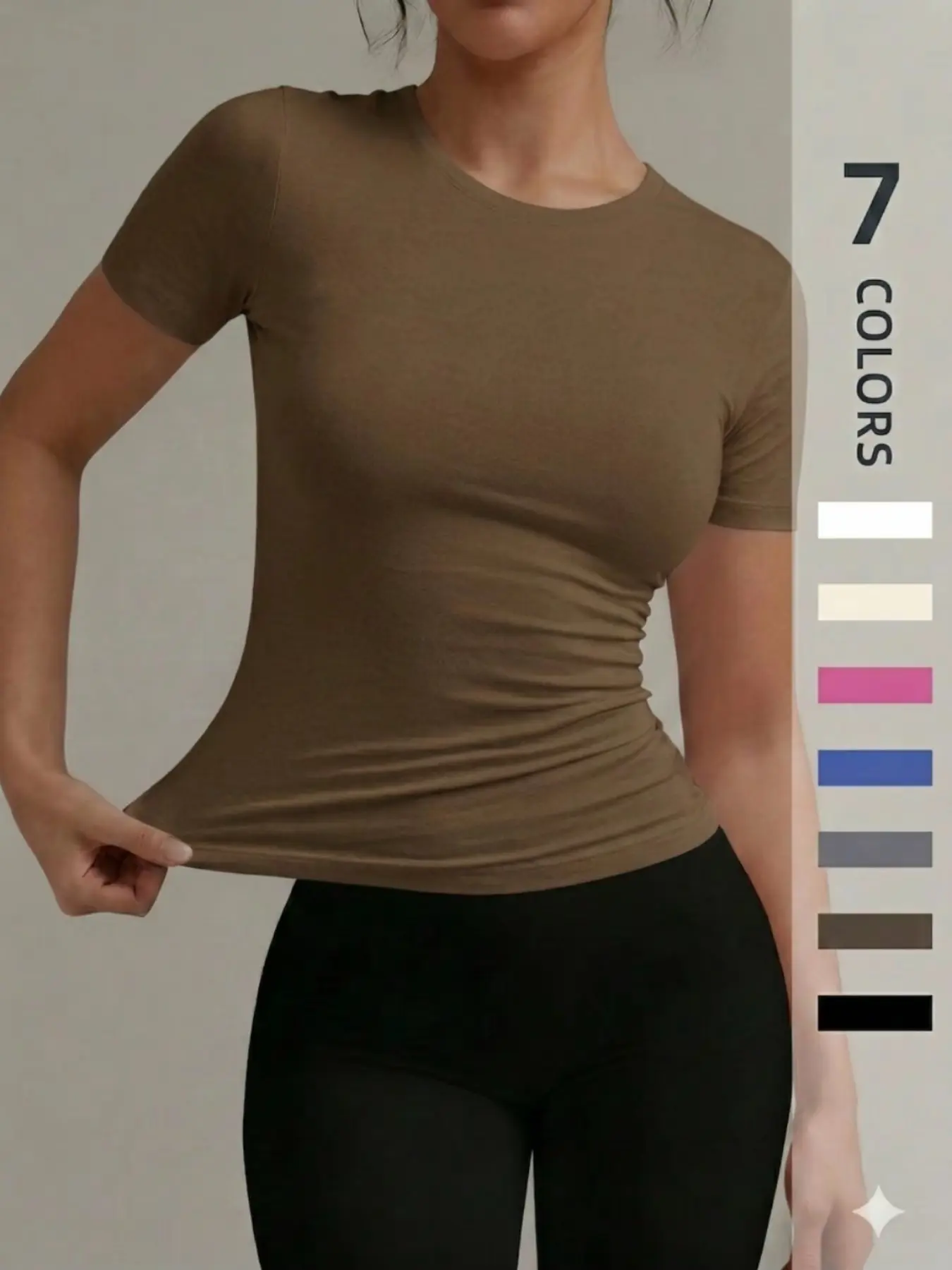Women's Solid Seamless Knit Round Neck T-Shirt, Minimalist High Stretch Fit Comfortable Waist Highlighting Curves, Gym & Daily Casual Wear, Summer Fashion Short Sleeve