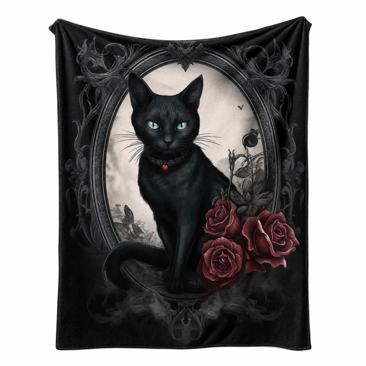 Gothic Black Cat Dark Red Rose Flannel Throw Blanket Vintage Ornate Oval Frame Witchy Dark Art Soft Cozy Couch Blanket Goth Aesthetic Room Decor Gift