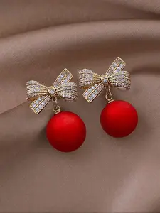Fashionable Metal Bow & Pearl Drop Earrings, Perfect for Women, Ideal for Christmas & New Year Parties, Stylish Accessory