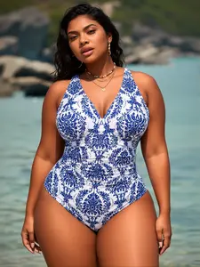 2026 Summer Fashion Blue and White Printed One-Piece Swimsuit with Tummy Control, Pleated V-Neck, Full Coverage Conservative Style for Curvy Women, Slimming and Stylish Swimsuit to Boost Confidence