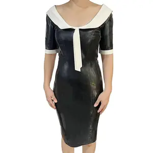 Malaysia Natural Latex Black And White Short Sleeve Turn-Down Collar Zipper Latex Dress Short Skirt for Women