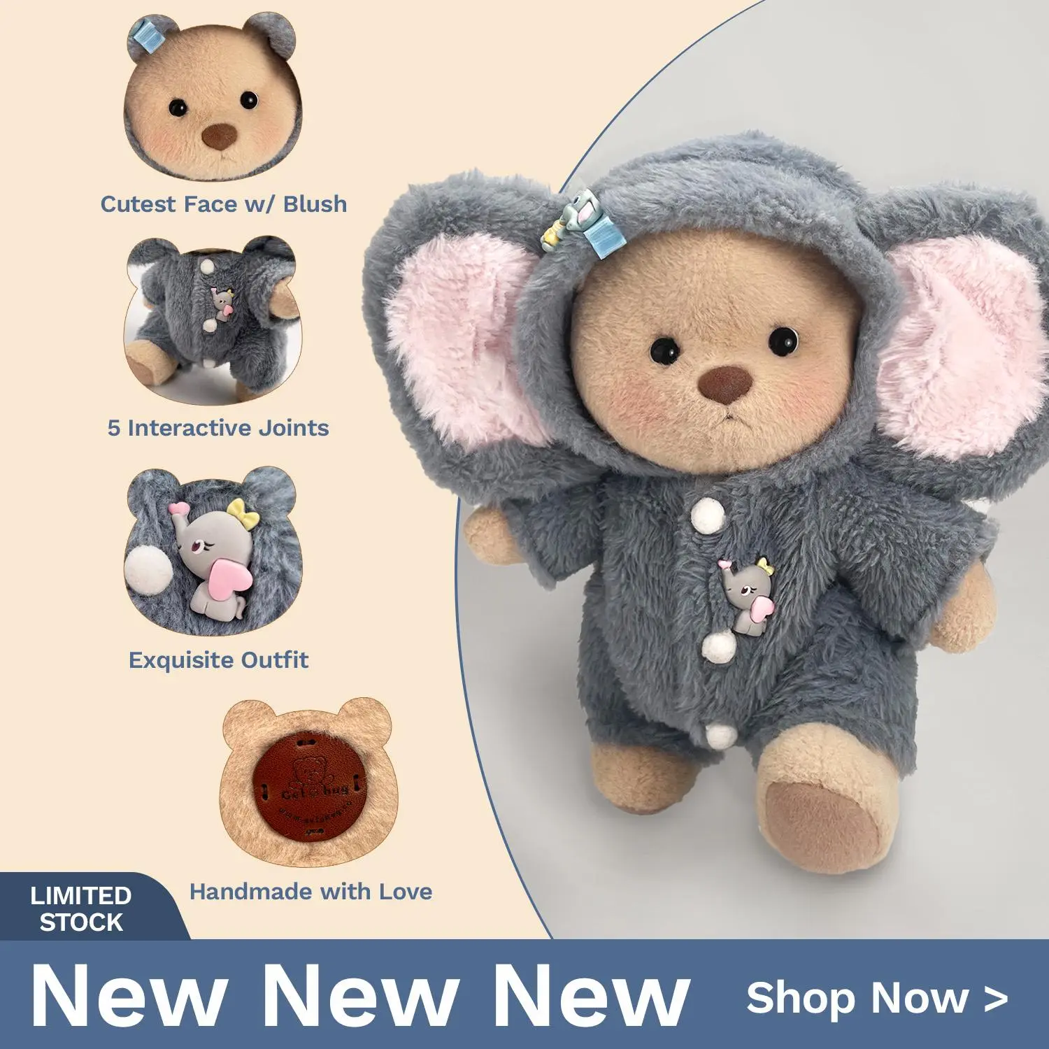 Getahug Durable Soft Fluffy Little Elephant Pushies - Handmade Jointed Moveable Stuffed Animal, White Outfit, Summervibes, Fluffy Stuffed Toys, Grateful Kids Gift, Cuddly Stuffed Animals, Kawaii Stuffed Animal