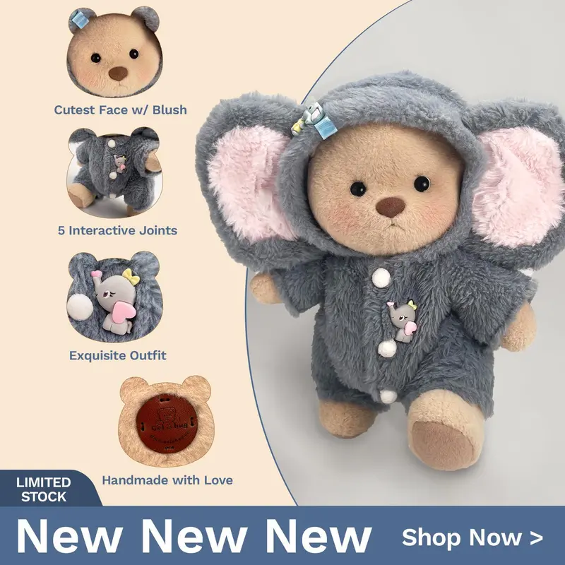 Getahug 7.5 Inches Durable Manual Jointed Moveable Little Elephant Stuffed Toy - Handmade Fuzzy Squishy Animal Character Plush, White Outfit, Summervibes, Handwash Clean, Kids' Grateful Gift, Soft Adorable Stuffed