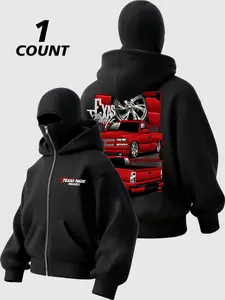 Gothic style fashion black balaclava hoodie with full-face mask - casual Fitted zip-up sweatshirt，Truck zipper hoodie, streetwear hoodie featuring a red modified truck and "TEXAS MADE" print