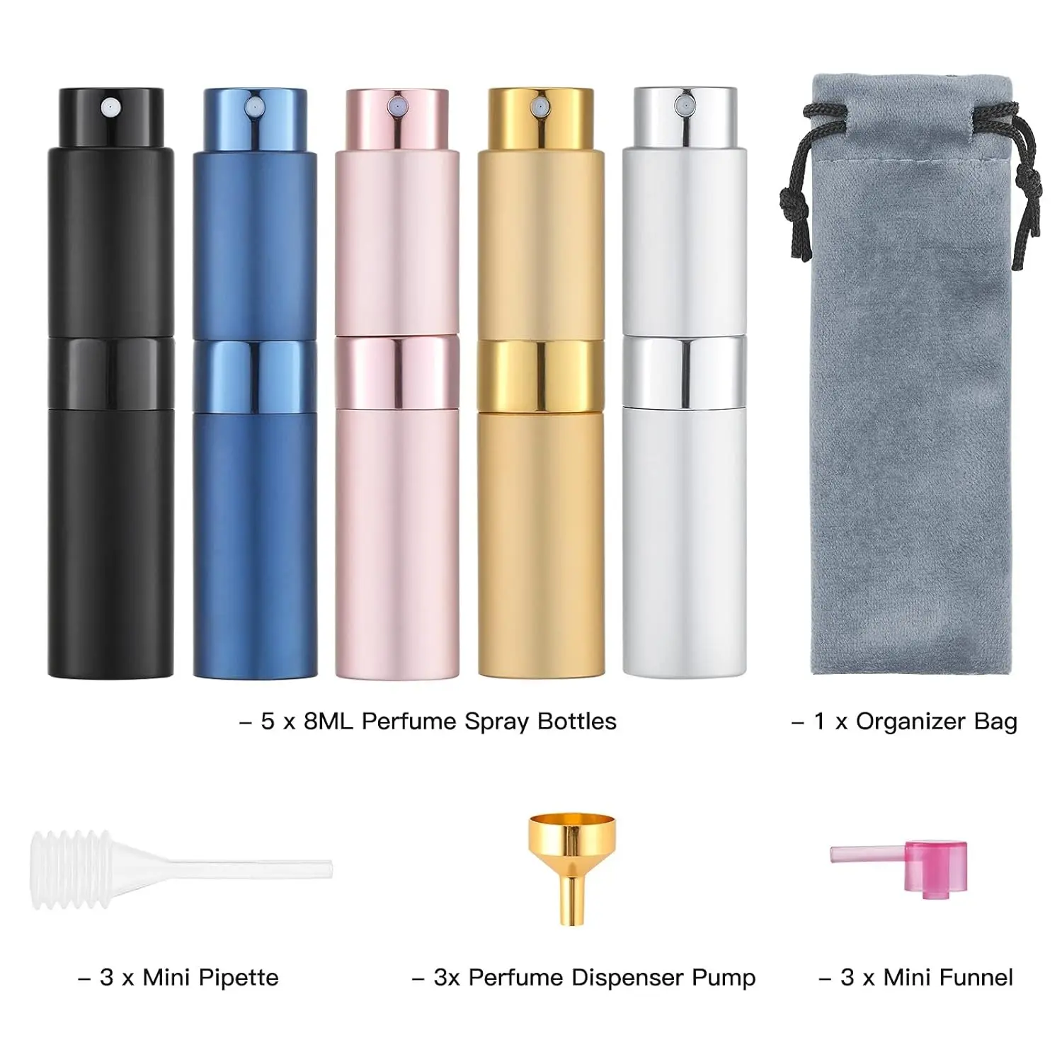 5Pcs/Set 8ml Lightweight Refillable Perfume Atomizer Tool Kit - Handy Empty Cosmetic Bottles with Nozzle, Mini Travel Cologne Sprayers, Beauty Organizer, Storage Solution, Party & Dating Gift