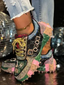 Women's Fashion Flat Casual Shoes, Rhinestone Embellished Low-Top Lace-Up, Textile Upper, Round Toe, High Top, All Seasons