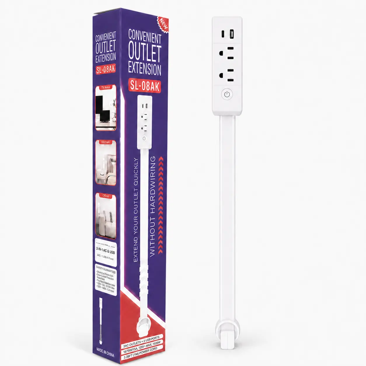 Outlet Extender Stick 17-27" Extendable Rotating Wall Plug, 2 AC Outlets USB-A USB-C, Access Hard-to-Reach Outlets Behind Couch Desk