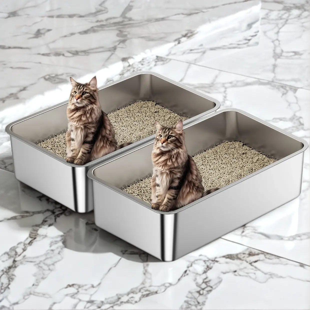 2 Pcs Long Lasting Modern Stainless Steel Cat Litter Box for Cats Easy Clean Non Stick Odorless Spill Proof Cat Toilet Pet Products Litter Pan Litterb