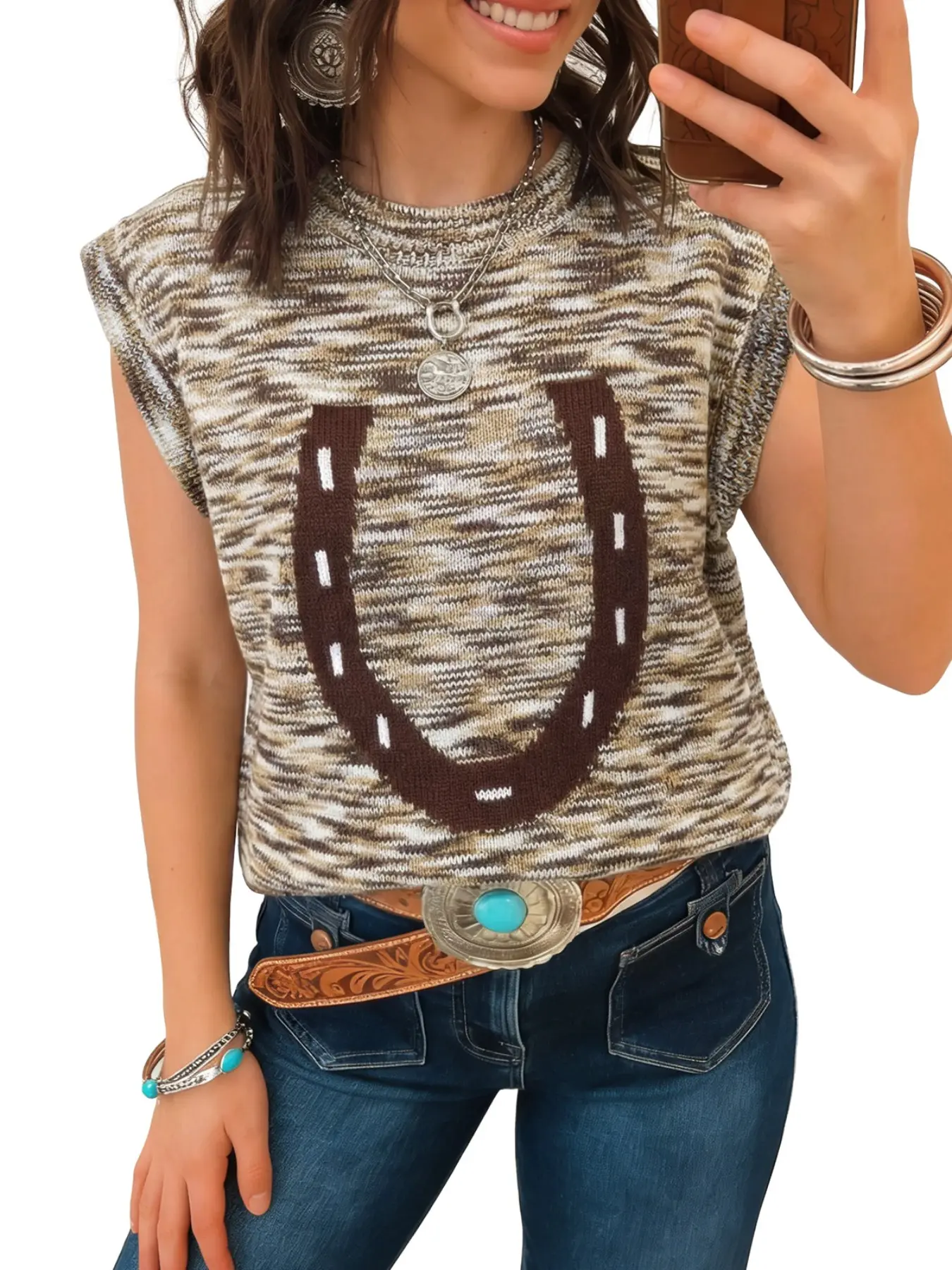 Casual Western Style Horseshoe Print Round Neck Knit Vest Pullover, Comfortable and Stylish Outerwear for Daily Wear, Perfect for Layering