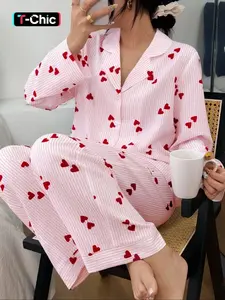 Women's Heart Stripe Print Button Front Shirt and Elastic Waist Pants Pajama Set, Cute Sleepwear for Spring & Fall, pjs, Fabric