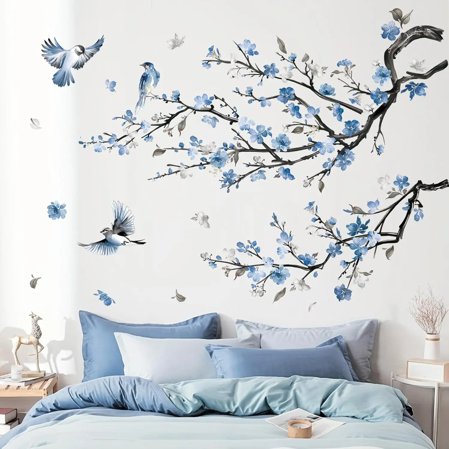 Watercolor Blue Flower Branch Wall Decals Blossom Tree Branch Floral Wall Stickers Bedroom Living Room Sofa TV Background Wall Decor