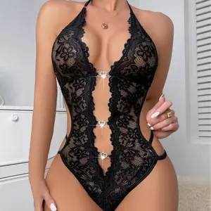 Women's Sexy Lace Lingerie Mesh Floral Babydoll Cut Out Heart Ring Teddy Bodysuit One Piece Sleepwear Nightgown