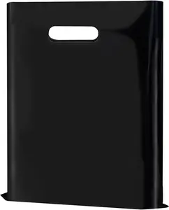 100 Pack Black Plastic Bags, 9 x 12 Inch Merchandise Bags with Die-Cut Handles, Shopping Bags for Small Businesses, Boutiques, Gifts