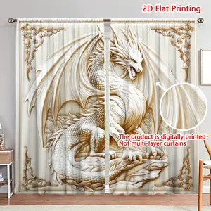2pcs Ornate Gold Corners Dragon with Wings Open Pattern Curtains, Thermally Insulated and Blackout Privacy Panels, Woven Polyester Bristle Fabrics for All Kinds of Rooms