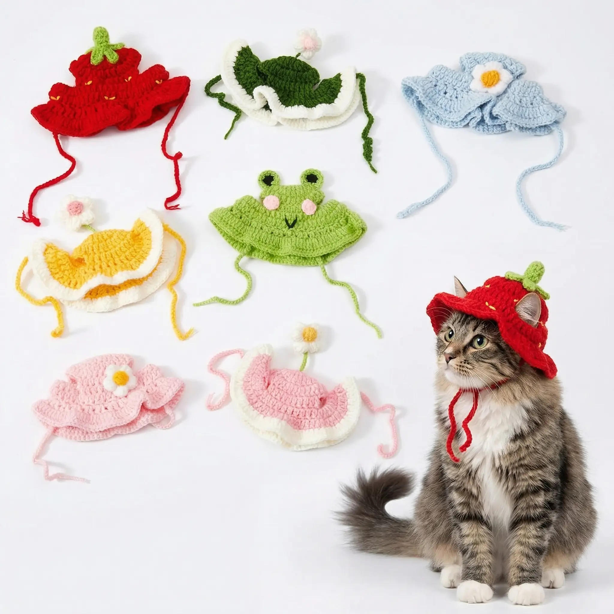 Cute 4PCS Homemade Handmade Knitted Cartoon Pet Hats - Soft Polyester Fabric, Adjustable Strap, All Seasons Fit, for Small Cats/Puppies, Ideal for Parties, Halloween, Photos, Skin-Friendly