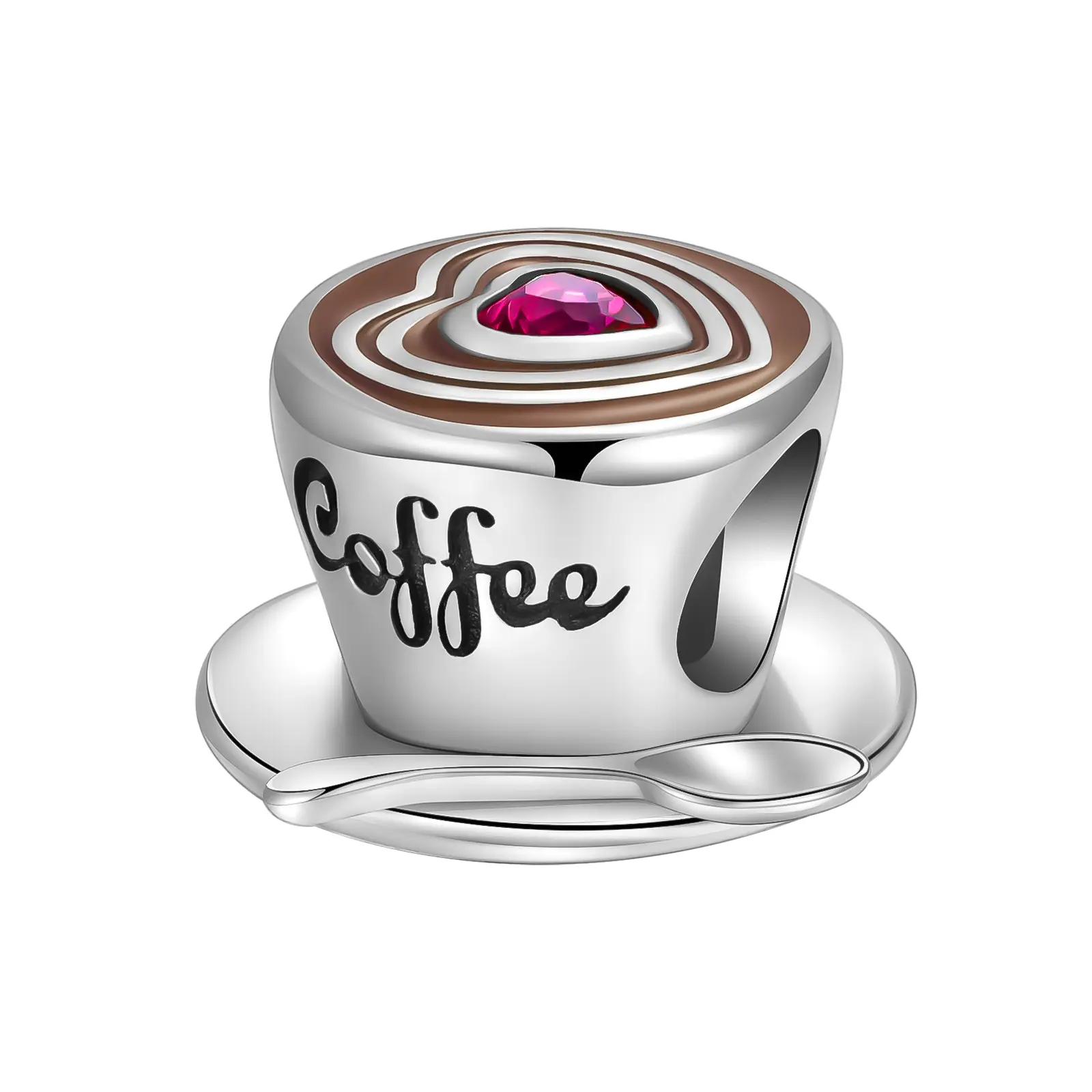 Heart Latte Coffee Cup Charm 925 Sterling Silver, Brown Enamel Latte Art, Red Heart Center, "Coffee" Engraving Spoon Details Suitable for Bracelets, Necklaces, Jewelry Gifts for Women, Coffee Lovers & Daily Wear Silver