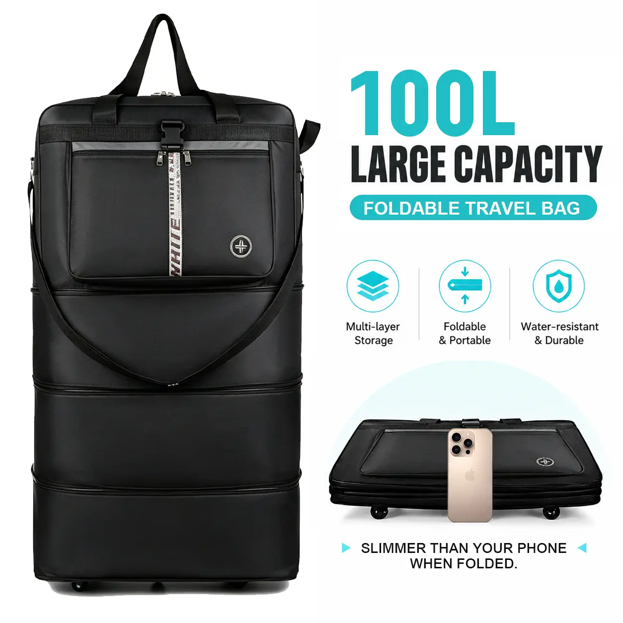 100L Wheeled Duffle Bag - High-Capacity, Lightweight, Foldable, Expandable, Unisex Rolling Luggage with Wheels for Airplane Carry, Weekend Trips | Multifunctional Travel Duffel, Portable Travel Gear, Wheeled Duffel Bag, Travel Luggage Bags