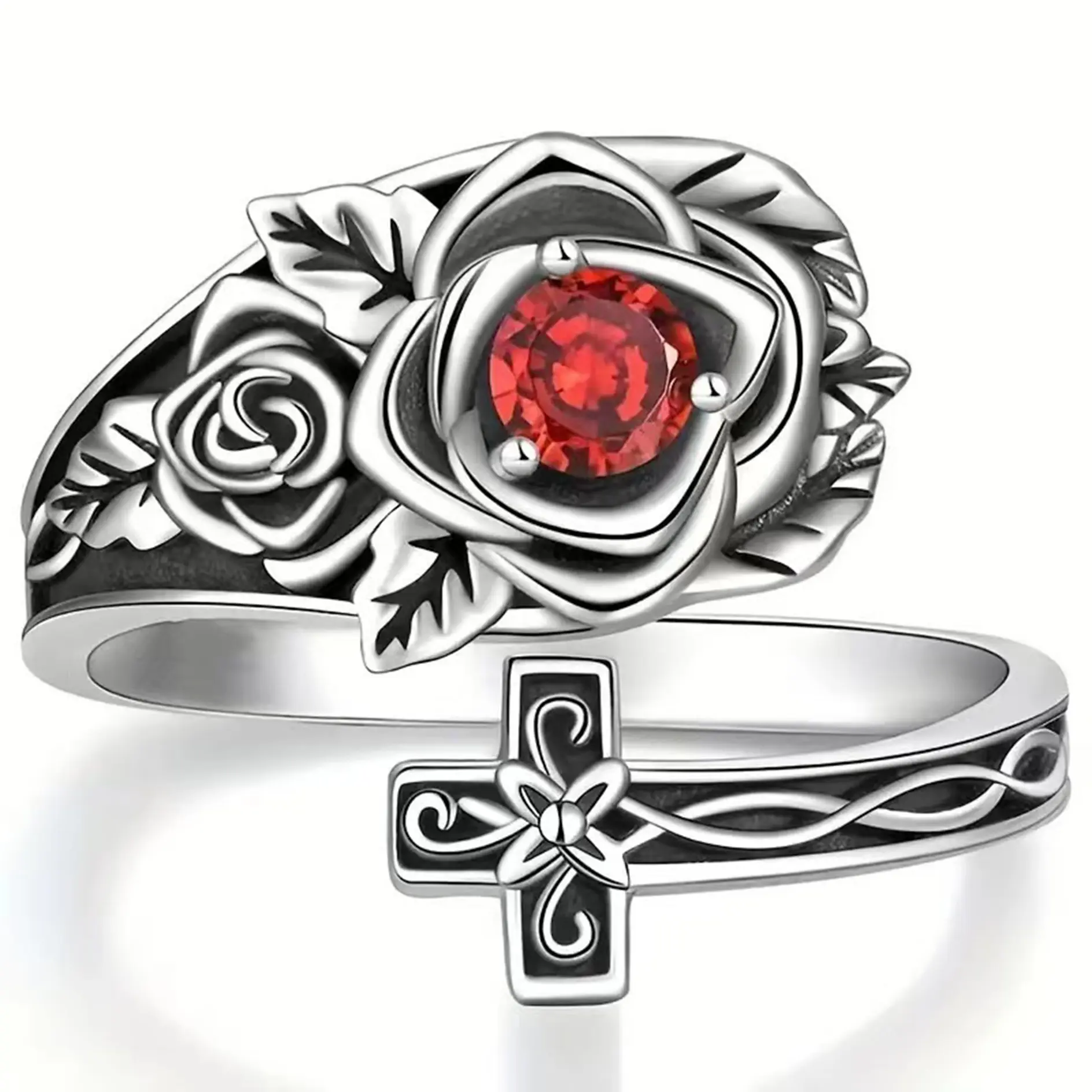 925 Sterling Silver Spirit Rose Ring, Adjustable Gothic Cross Spoon Ring with Red Cubic Zirconia, Victorian Vampire Dracula Statement Jewelry for Women