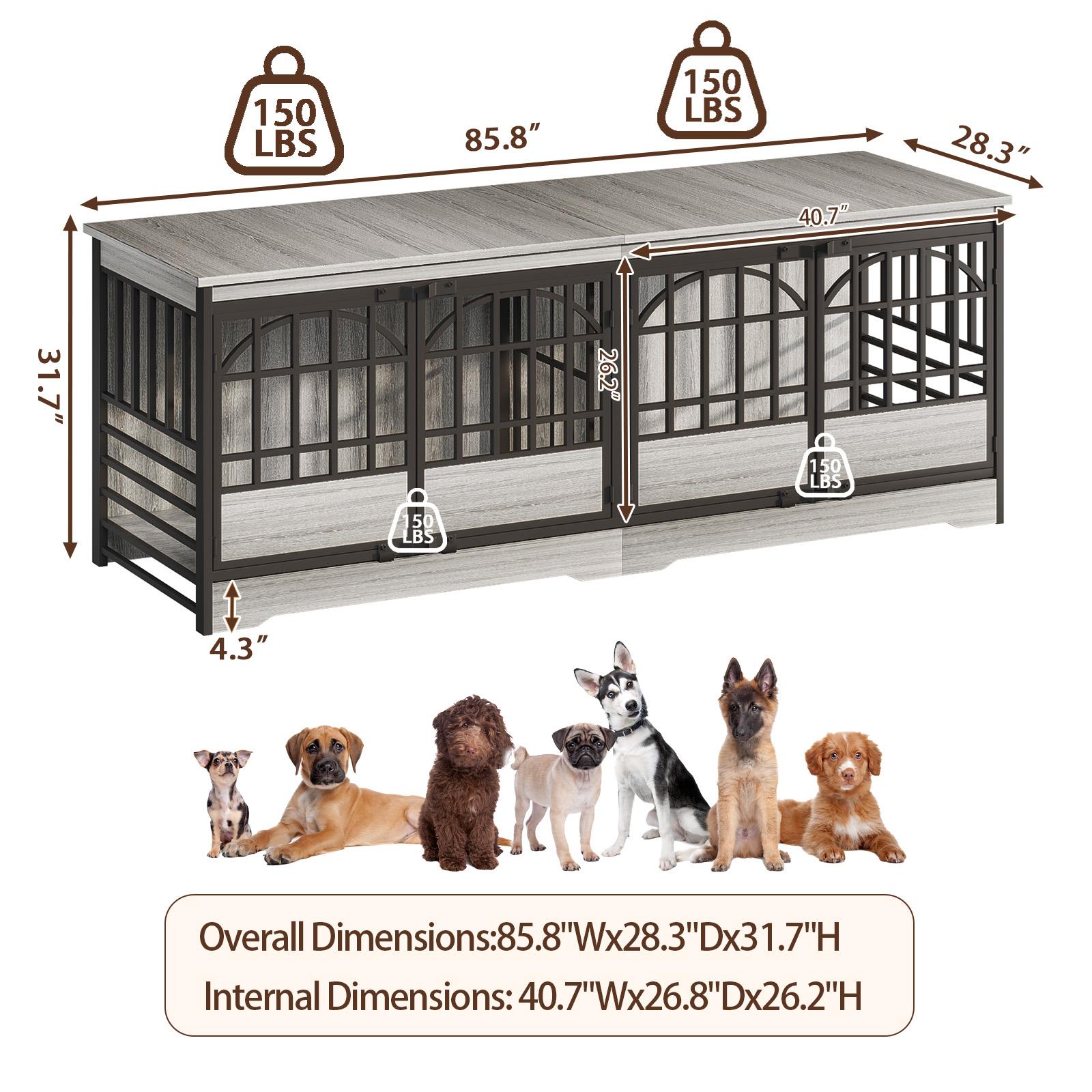 COZPAW 86 Inch Double Dog Crate Furniture for 2 Dogs, Decorative Dog Kennel Indoor TV Stand, Heavy Duty Wooden Dog Cage for Large Medium Dogs Sized Dog Pet House with Divider (Brown)