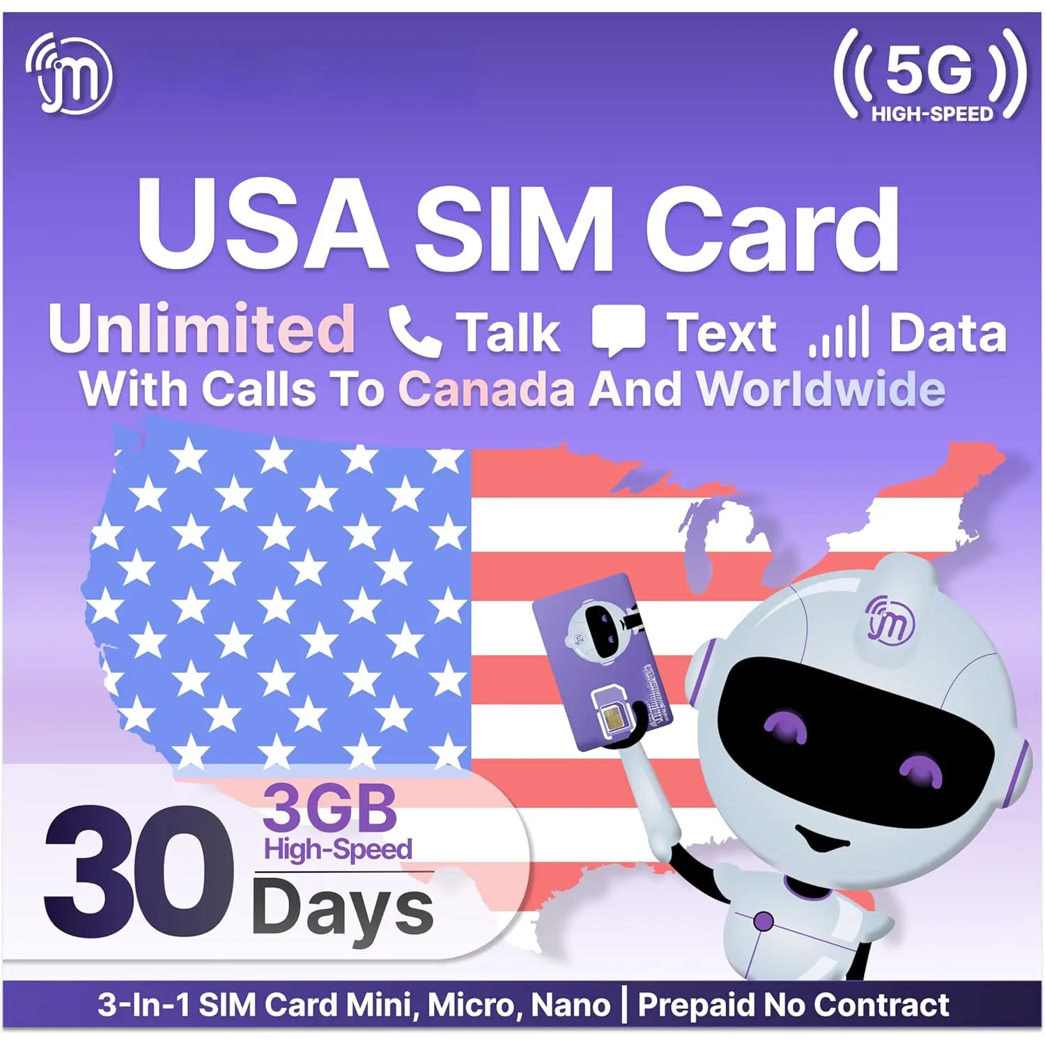 Mobile Prepaid SIM Card , Pay As You Go, Unlimited Talk, Text & Data (3GB High-Speed), International Calling, SIM Card for  Travel, Uses T-Mobile Network, 30 Days