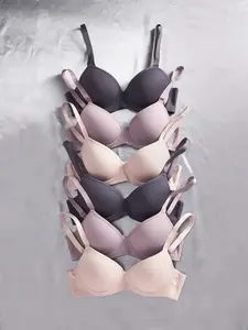 6pcs Solid Seamless Underwire Bra Set Sexy Comfy Push Up Lingerie for Women Elegant Everyday Wear Vneck Basic Minimalist Style
