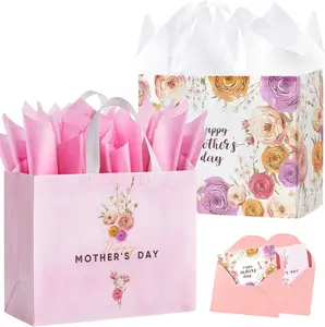 2 Pack 13" Large Mothers Day Gift Bags with Tissue Paper, Reusable Non-Woven Pink Gift Bags with Handles, Mothers Day Gifts for Mom/Grandma/Friends, 12.8"*10.2"*6.3"