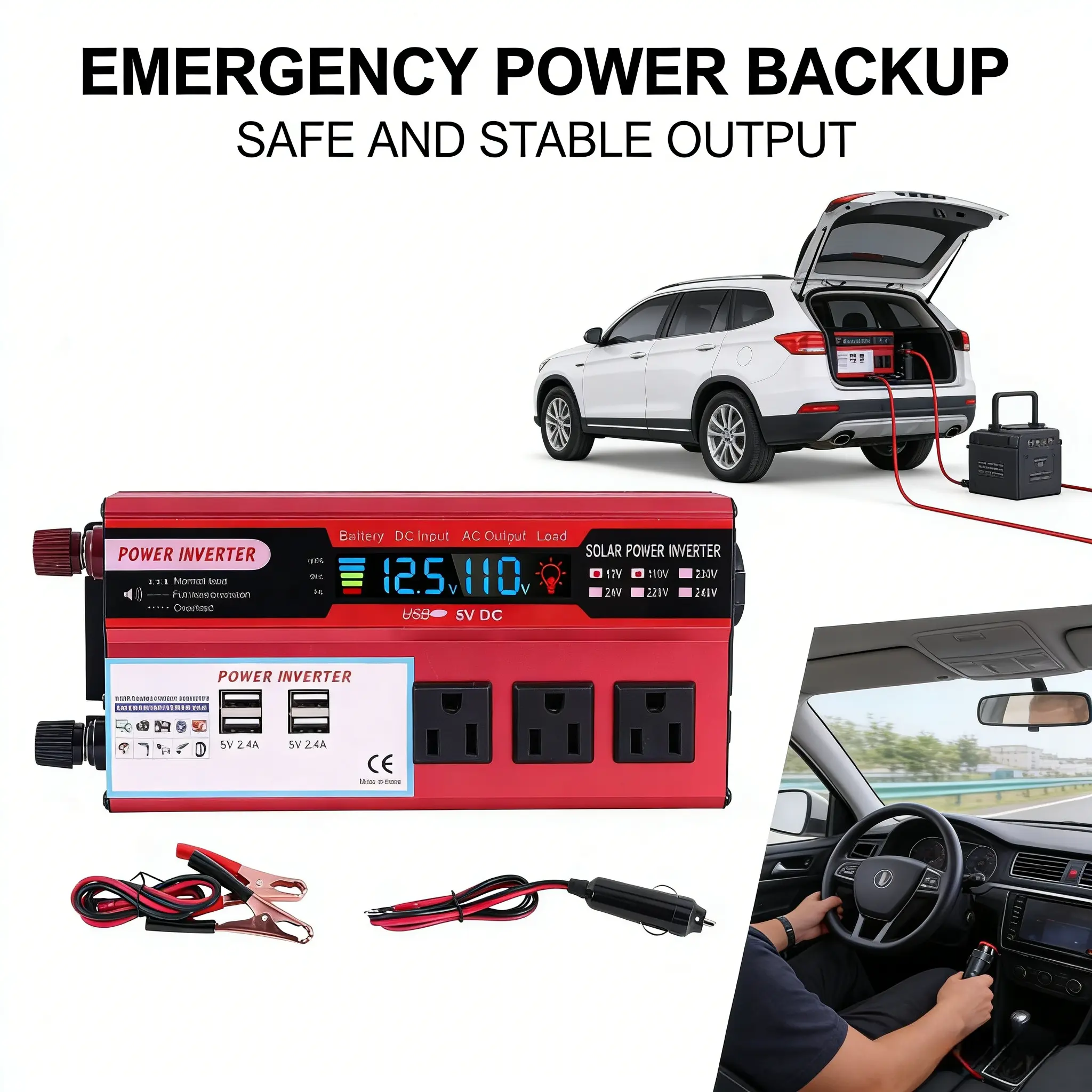5000W Peak 12V to 110V/220V Car Power Inverter, Emergency Power Device with USB-C AC Ports, Included Cables, Easy Installation for Truck & Home Use