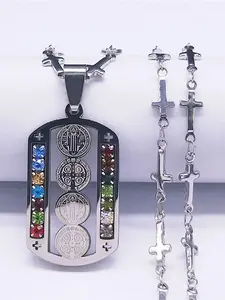 Stainless Steel Crystal Catholicism Saint Benedict Jesus Necklaces Religious Pendant Women/Men Cross Chain Necklace cruz colgante