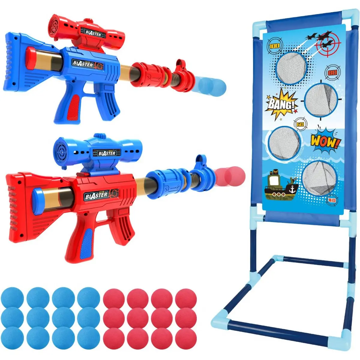 Outspark Competition Shooting Game Air Soft Gun Set Toy for Kids Boys 6-10+ 2 Player Foam Blaster Air Guns 24 Foam Bullet Balls Popper & Target Indoor Sport Safe Non-Toxic ABS Material Outdoor Shooting Game Air Gun Set gift for boys