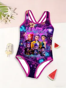 Girls Kpop Series One-Piece Swimsuit, Neon Heart Dual Image Huntrix Theme Girl Group Cartoon Print Fashion Swimwear, Fitted Design, Back Cross Strap Beach Vacation New