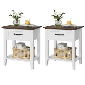 2 x Bedside Table, White Cafe Table, Bedside Table, Boho Side Table with 1 Drawer and 1 Open Storage Space, Side Table, Storage Canister for Bedroom, Living Room, White