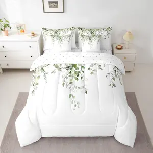 Olive Green Eucalyptus 7 Piece Bedding Set,Watercolor Plant Leaves Comforter Bed Set,Botanical Rustic Farmhouse Sheet Set,Kids Adult Bed Set