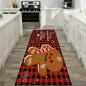 1 Piece Red and Black Checkered Bottom Kitchen Rug with Cute Gingerbread Man pattern and Christmas blessing words, non-slip carpet, Christmas decoration, suitable for kitchen living room bedroom laundry room bathroom doorway