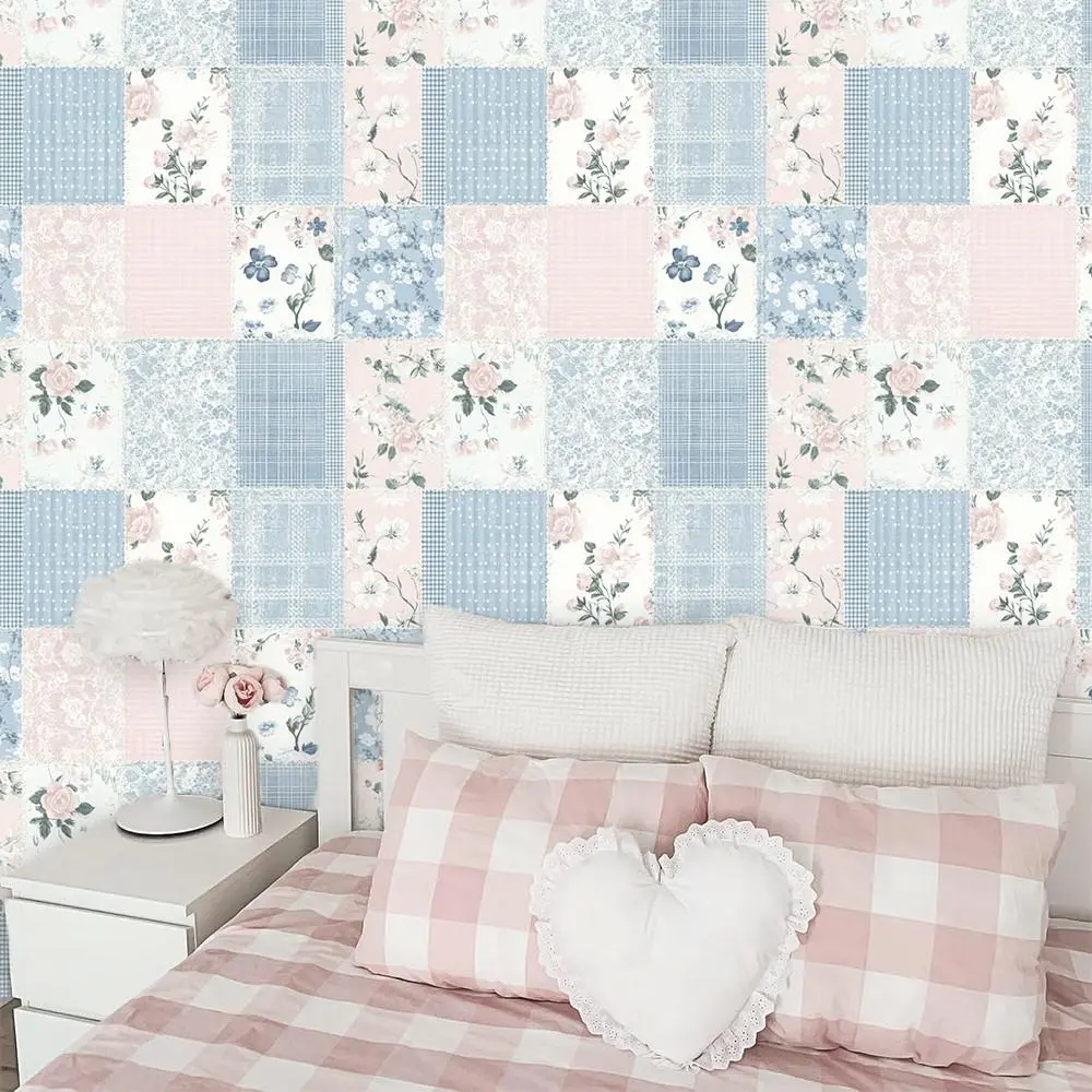 Floral Plaid Pattern Wallpaper, Vintage Geometric Self-adhesive Removable Wall Wallpaper, Bohemian Contact Paper for Bedroom Bathroom Decor, Peel and Stick Wallpaper Designs