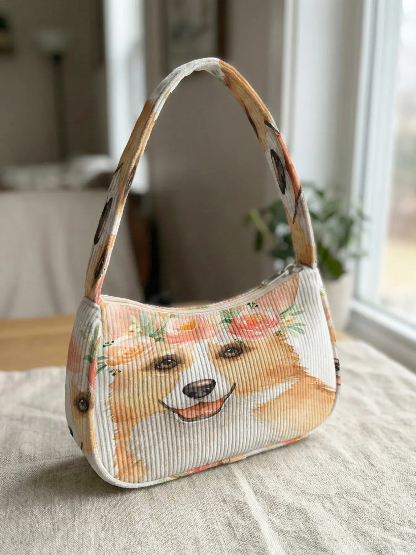 1 piece of corgi with floral wreath 2D printed corduroy shoulder bag, vintage style | suitable for daily commuting, dating, shopping, and outings | both aesthetic appeal and practicality are online, a taste to carry on your back