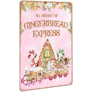 All Aboard the Gingerbread Express Metal Tin Sign Gingerbread Bread Decor Tin Sign for Home Cafe Bar Coffee Shop Kitchen Wall Decor Art Winter Farmhouse Decorative 8x12 inch Room Sdjiu-002