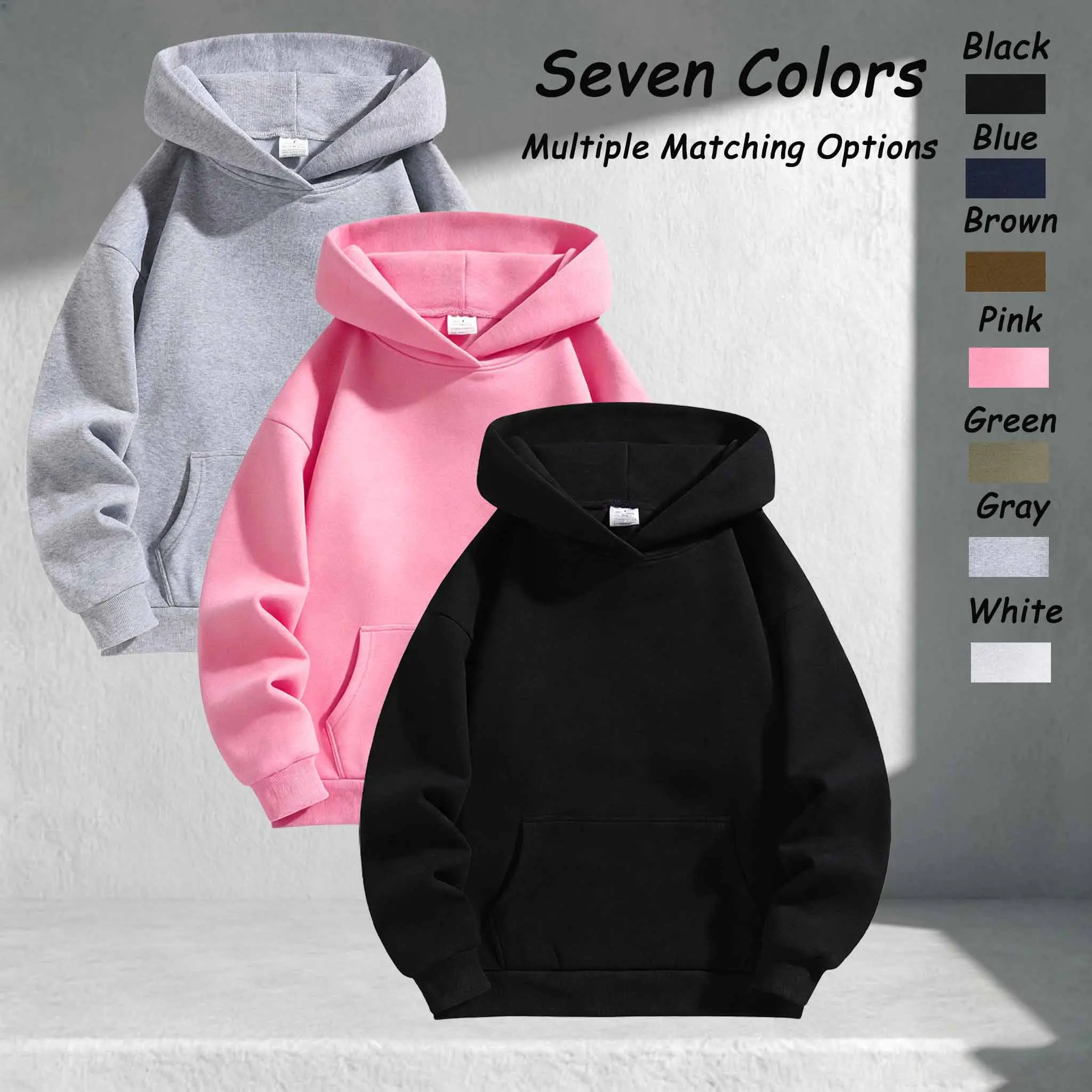 Men’s solid-color basic hooded sweatshirt — versatile color options for pairing, casual campus style pullover, durable, machine washable, couples can wear it, drop-shoulder hoodie