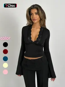 Women's Contrast-Lace Plunge-Neck Flounce-Sleeve Fitted Tee, Elegant Feminine Long-Sleeve Top for Spring & Fall, Women's Clothes for Daily Wear