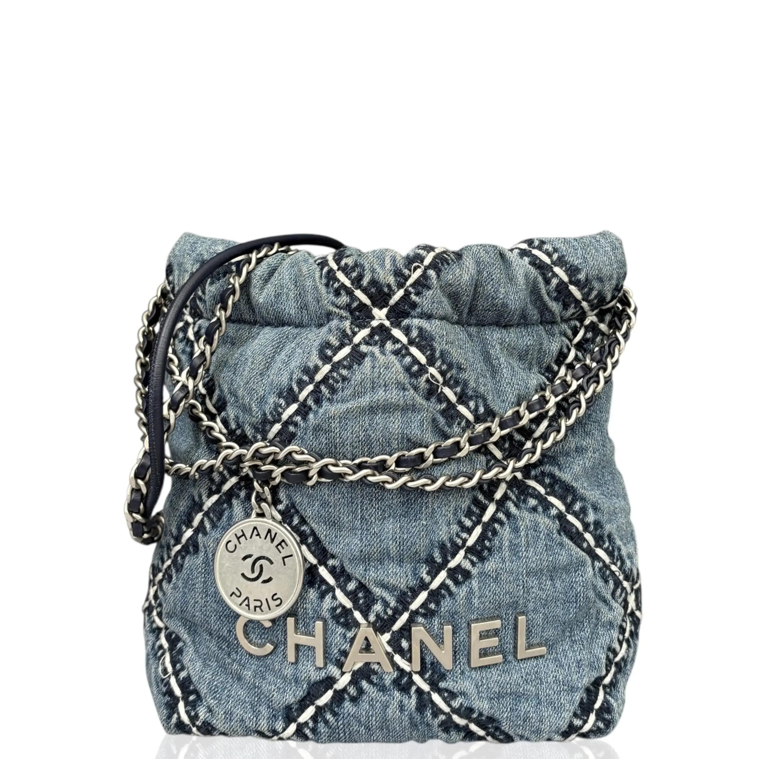 Pre-owned CHANEL Leather Shoulder Bags Matelasse Mini 22 Denim Blue (kr032126a2)