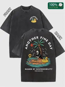Men's Skull & Palm Tree Print Round Neck Tee, Regular Fit Casual Short Sleeve T-shirt for Daily Wear, Men's Top for Summer, Tropical, Casual Cotton Tee