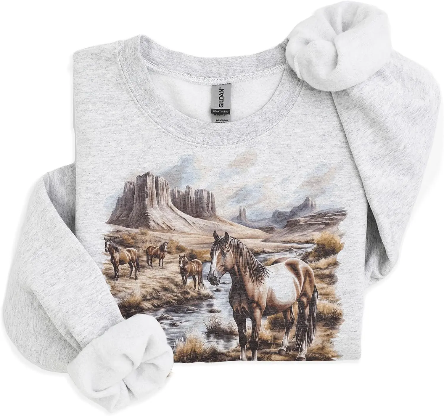 Vintage Wild Horses Wilderness Scene Sweatshirt - 90s Vintage Horse Lover Gift - Scenic Canyon Desert Creek Nature Pullover - Cozy Fall Sweater - Unisex Graphic Crewneck Sweatshirt