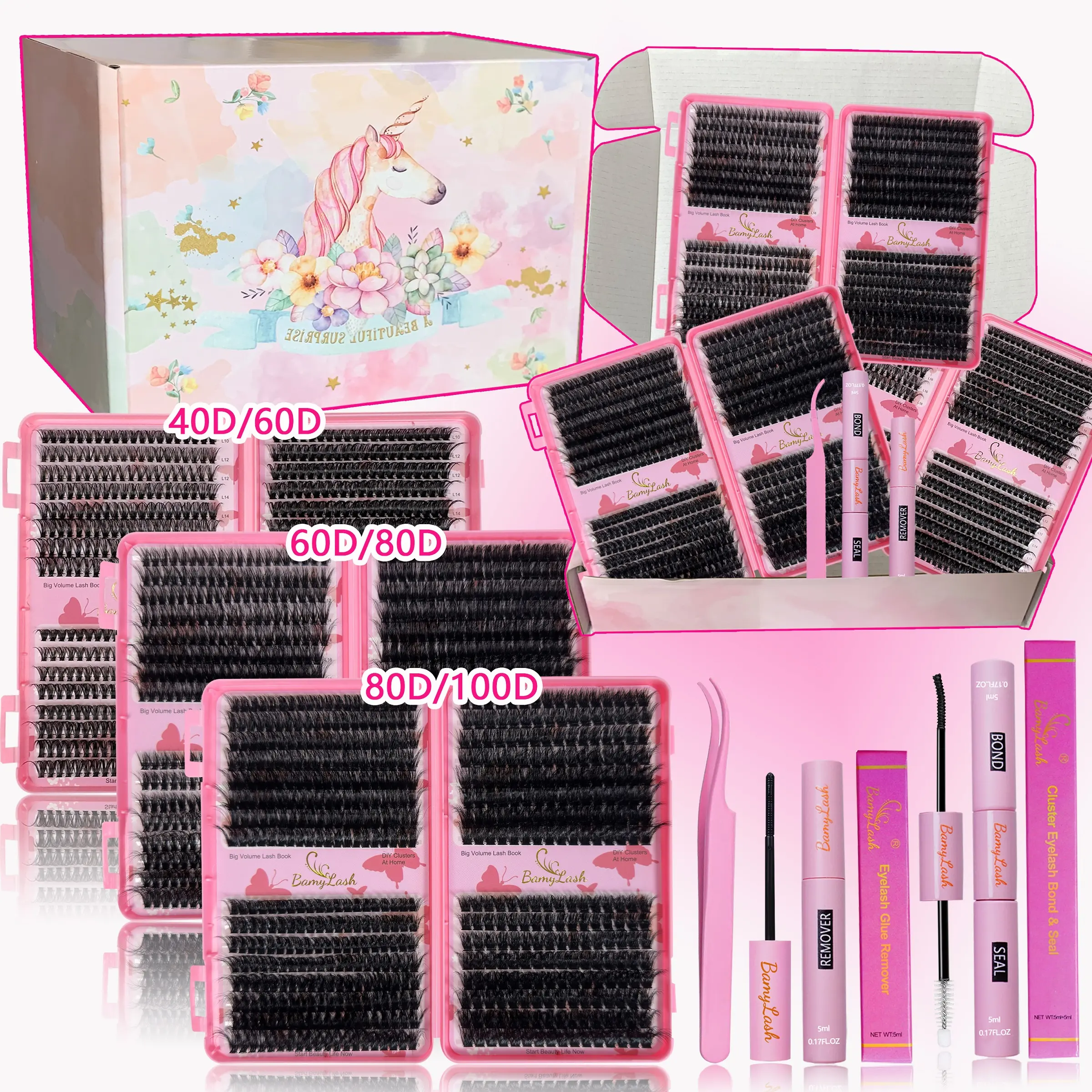 1856Pcs Cluster Lash Extension Gift Set Eyelashes Extension Set 40D 60D 80D 100D Natural Volume Soft Lightweight Styles With Bond & Seal Remover Tweezers, Eyelash Extension Kit DIY Lash Kit Easy DIY at Home False Eyelash Extensions