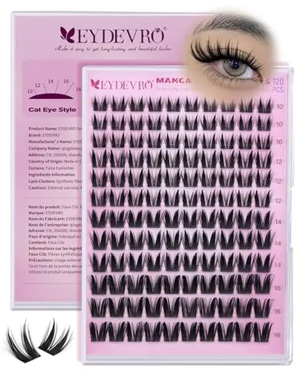 EYDEVRO Bunny Lash Clusters Manga Eyelash Clusters Wet Look Fairy Wispy Cluster Eyelash Extensions Anime Cluster Lashes 120 Pcs 10-16mm C Curl DIY Lash Extensions