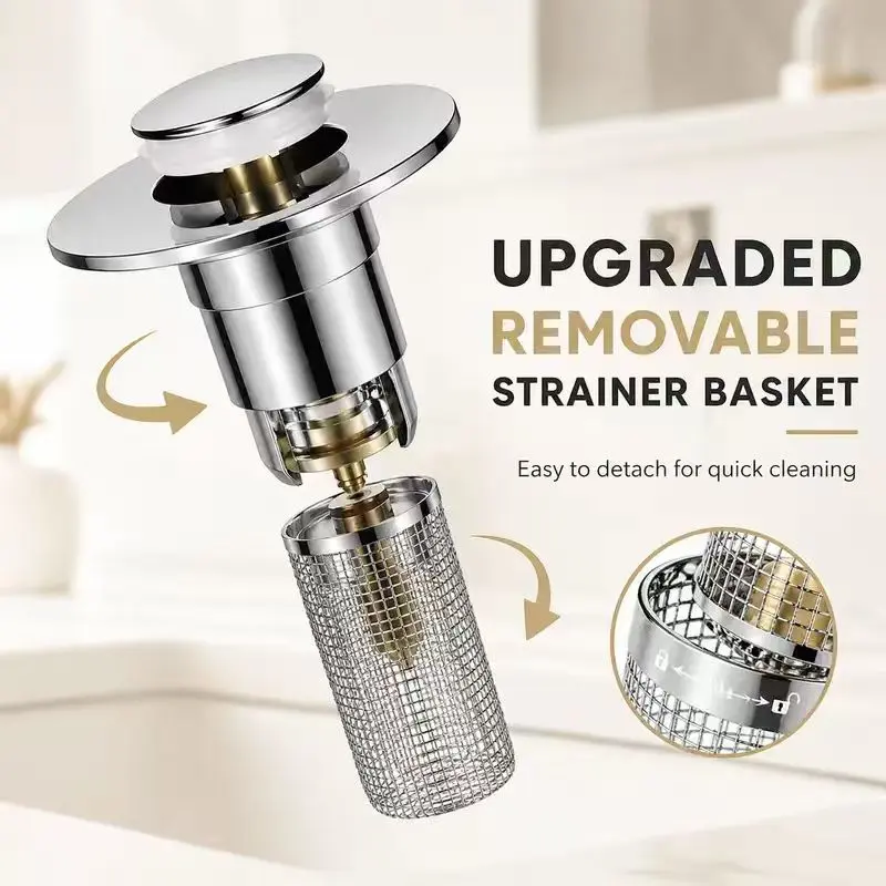 Universal Pop-Up Sink Drain Stopper with Stainless Steel Filter Basket Anti-Clog Debris Catcher Easy Install for Bathroom Kitchen | Rustproof Leak‑Proof Hair Catcher, Fast Fit Drain Protector for Vanity Sink Bathtub