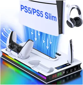 ESYWEN PS5 Cooling Station with Controller Charger, Ultimate Accessory Set for PS5 Disc/Digital/Slim Console with 3-Level Cooling Fan, 3-Port USB Hub, Headset Stand, & Media Storage Slots